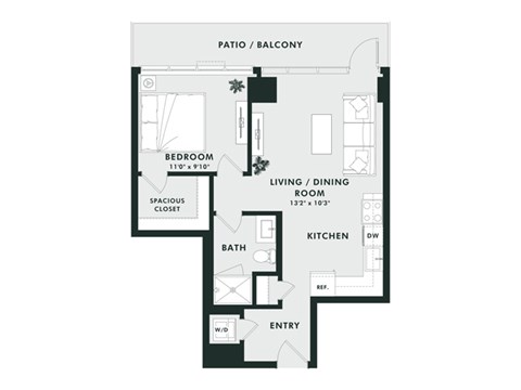 A floor plan of an apartment with a bedroom, living room, kitchen, and bathroom.